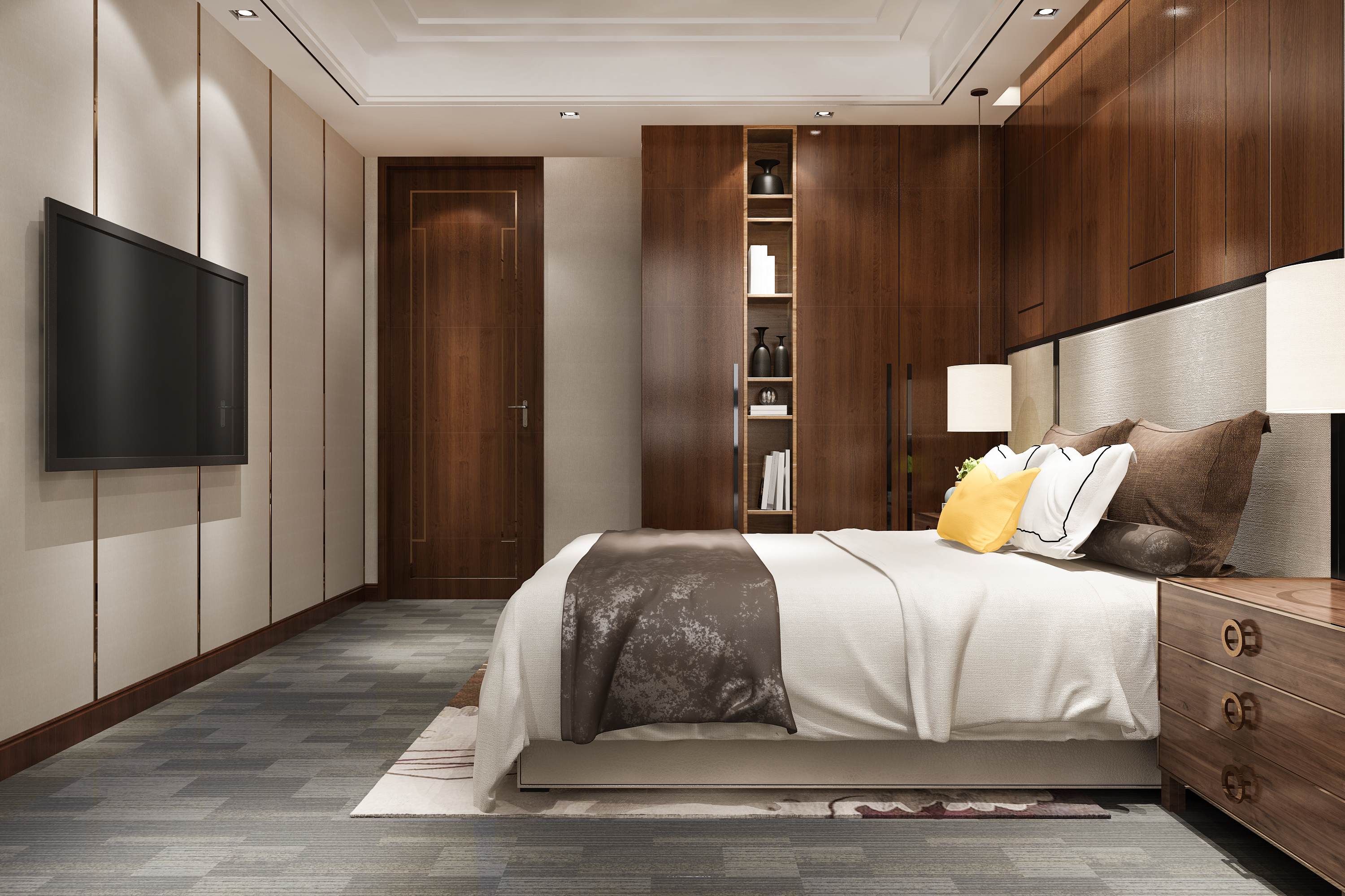 3d rendering luxury bedroom suite in hotel with tv and cabinet and wardrobe